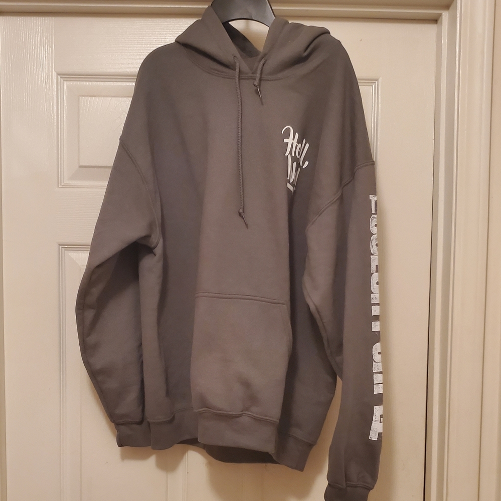 Encore brand hoodie 'Hell no!' on front and 'The Color Purple musical' on sleeve